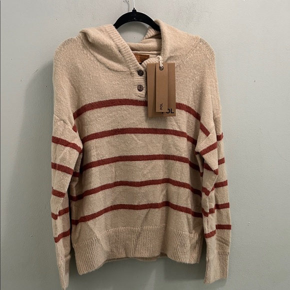 POL Sweaters - POL Beige and Red Striped Cowl Neck Sweater